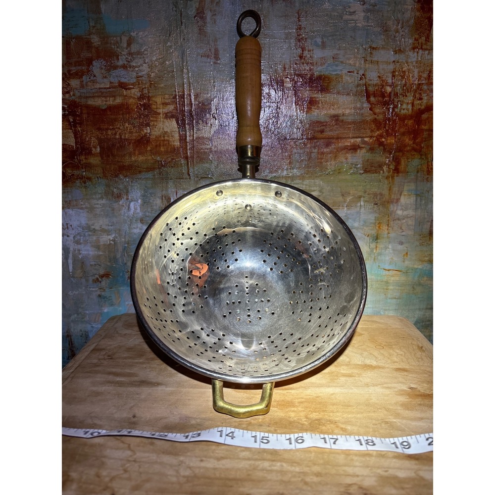 Old Dutch International Vintage Copper Colander Wood Handle Brass Helper Korea